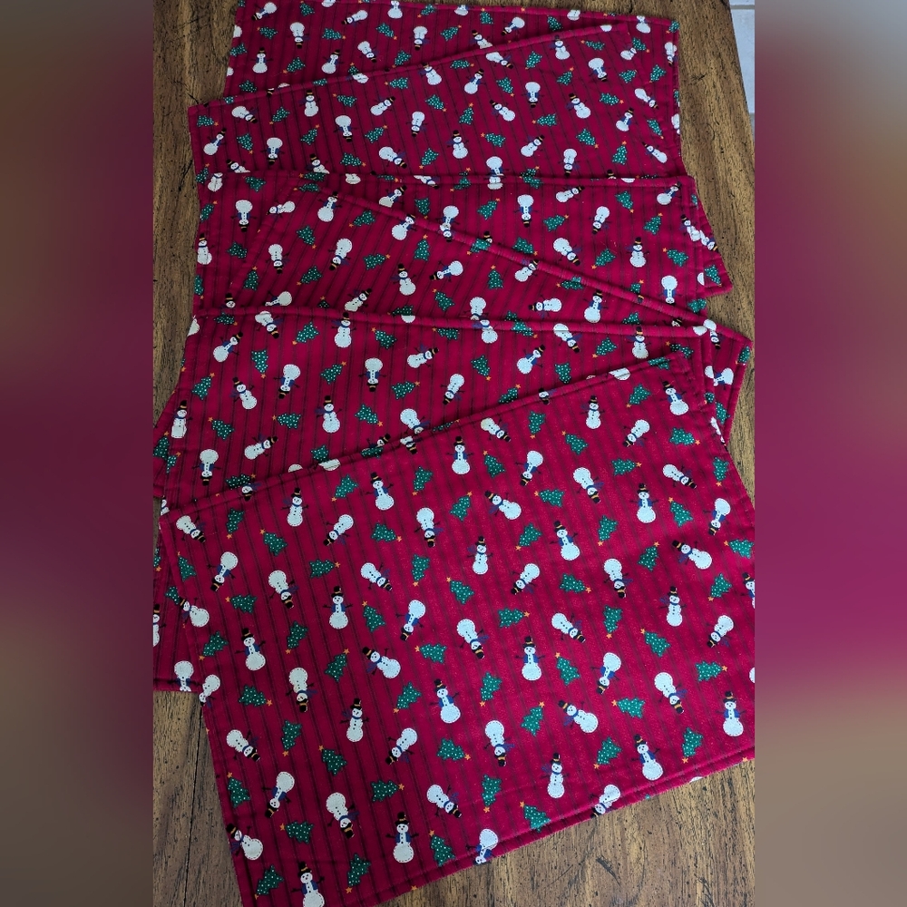 6 New Placemats. Dark Red/Burgundy Double Sided With Snowmen And Xmas Trees.